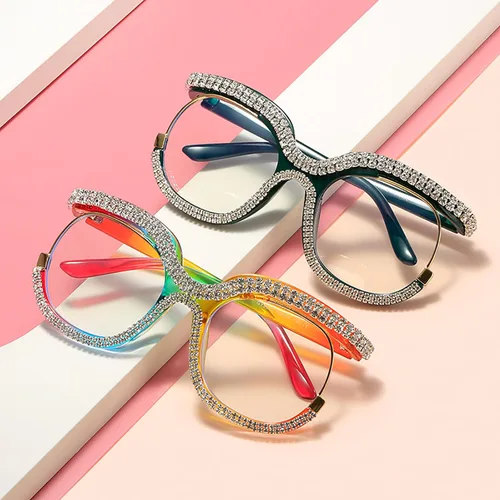 Miniatura 7 de LJCZKA Gafas de bloqueo de luz azul de gran tamaño para mujer, con diamantes de imitación, anti luz azul, lentes de diamante antifatiga ocular