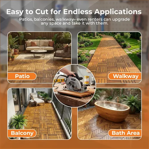 Miniatura 4 de Majestick Goods Azulejos entrelazados de madera de acacia, fácil instalación para suelos de patio y pasarelas con drenaje de base elevada, 12 x 12 x