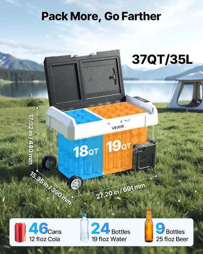 Miniatura 4 de VEVOR Refrigerador de automóvil, DC 12/24V AC100-240V, enfriador eléctrico de -4 °F a 68 °F con control de aplicación, ruedas y zona doble