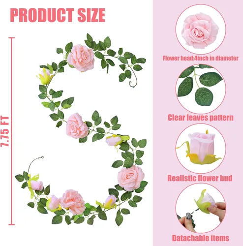 Miniatura 6 de Sggvecsy 2 piezas de 15.5 pies de enredadera de rosa artificial, guirnalda de flores falsas, guirnalda floral de seda sintética colgante, enredadera