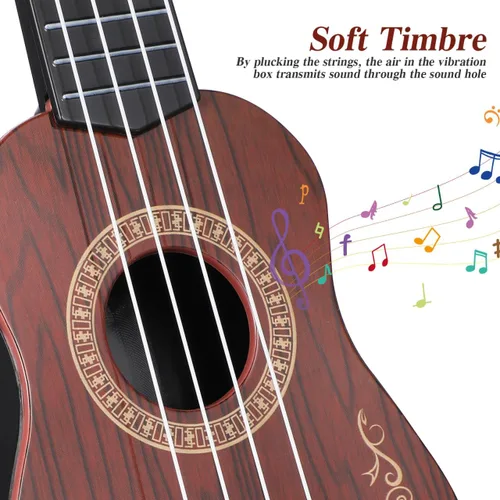 Miniatura 9 de Toddmomy Ukelele de juguete para niños de 4 cuerdas, mini instrumento de guitarra musical para niños pequeños, principiantes, aprendizaje y Marrón