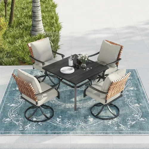 Miniatura 2 de Grand patio Juego de comedor de exterior de 5 piezas, 4 sillas de patio giratorias de mimbre con aspecto de cuero y 1 mesa de comedor cuadrada