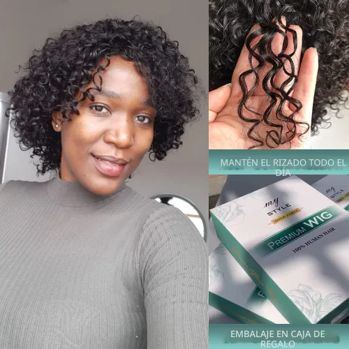 Miniatura 2 de Pelucas de cabello humano rizado brasileño de 10 pulgadas para mujeres negras, peluca corta sin pegamento con color natural, 100% cabello humano