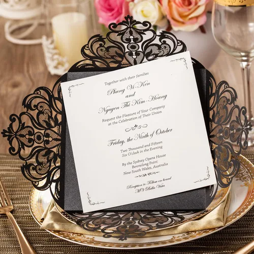 Miniatura 4 de Hosmsua 50 tarjetas de invitación de boda negras cortadas con láser con sobres, invitaciones de rosa hueca de 6.3 x 6.3 pulgadas para boda