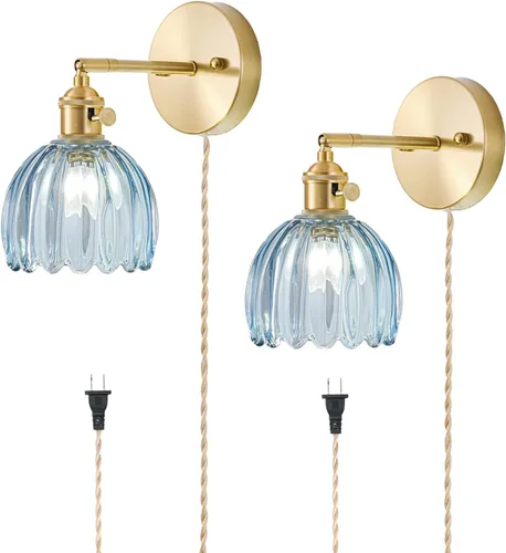 Miniatura 24 de Juego de 2 apliques de pared enchufables, apliques de pared vintage con pantalla de cristal transparente de tulipán, aplique de pared