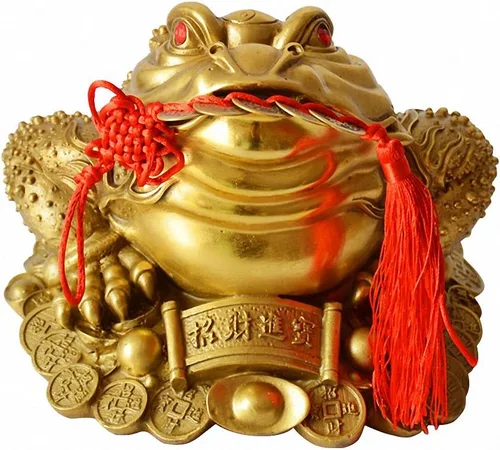 Miniatura 2 de Estatua de rana de dinero de Feng Shui de latón con dije de la suerte monedas antiguas en cuerda roja, decoración de Feng Shui