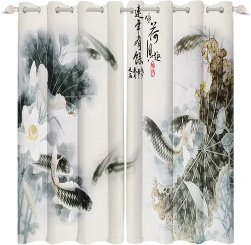 Miniatura 12 de Renaiss Cortinas de carpa para ventana, 29 pulgadas de ancho x 45 pulgadas de alto, pintura de tinta oriental, hojas de loto, lirio de agua negro