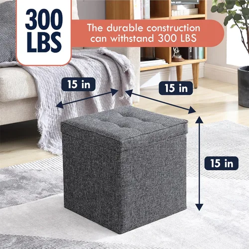Miniatura 3 de Ornavo Home Taburete otomano de almacenamiento cuadrado de lino plegable con cubo, reposapiés/asiento con tapa de mesa, mesa de café otomana - 15 x