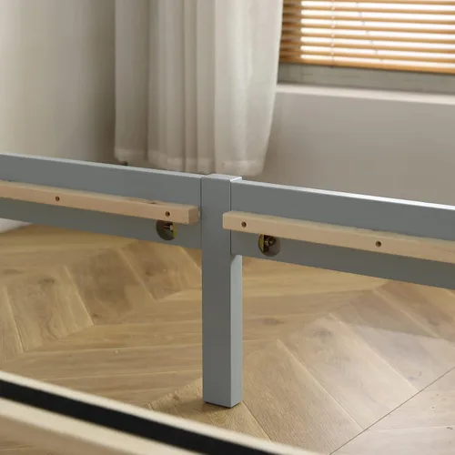 Miniatura 8 de Karl home Base de cama de madera tamaño matrimonial con cabecero, plataforma para dormitorio con estribo, soporte de 12 listones de madera, no Gris