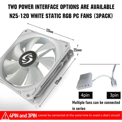 Miniatura 4 de Ventilador de caja de 4.724 in, paquete de 3 ventiladores de caja RGB, N25-120 ventiladores de PC silenciosos blancos de 1200 rpm, rodamiento