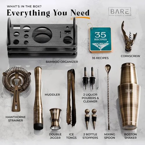 Miniatura 4 de BARE BARREL Mixology Bartender Kit Bar Set Juego de coctelera de 14 piezas Herramientas de mezcla de Martini Barware para el hogar 35 tarjetas