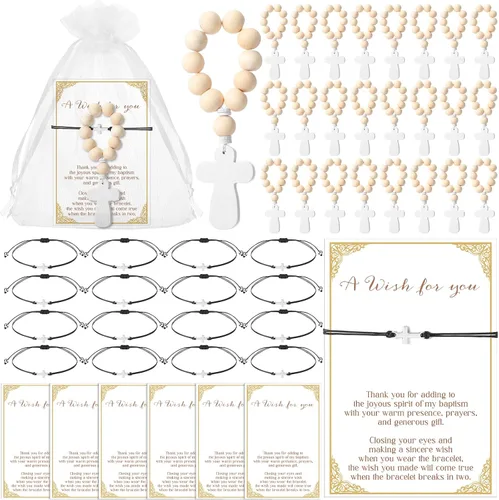 Miniatura 7 de Ecation Recuerdos de bautismo para invitados, rosario de madera con dedo, mini pulsera de cruz de rosario, pulseras religiosas y bolsas de organza