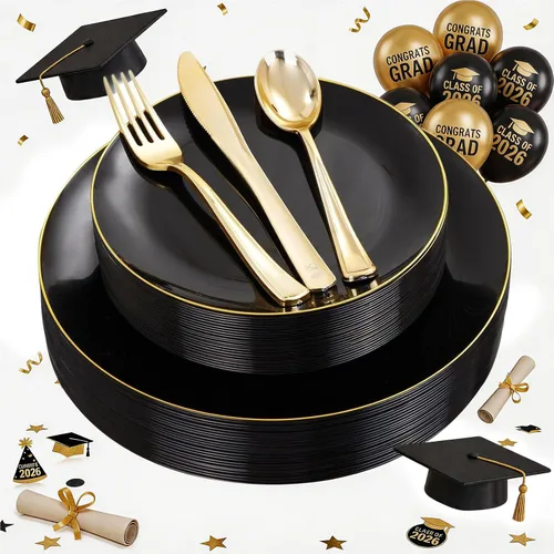 YOUBET 125 piezas de platos de plástico negros y dorados - Platos desechables negros con borde dorado - Incluye 25 platos de cena, 25 platos de