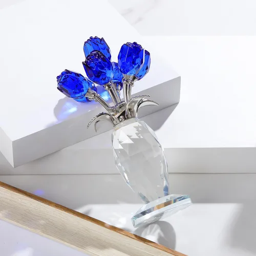 Miniatura 2 de YWHL Figura de ramo de rosas azules de cristal con jarrón, hecha a mano para mujeres en el día de la madre, flores de cristal con tallo decoración