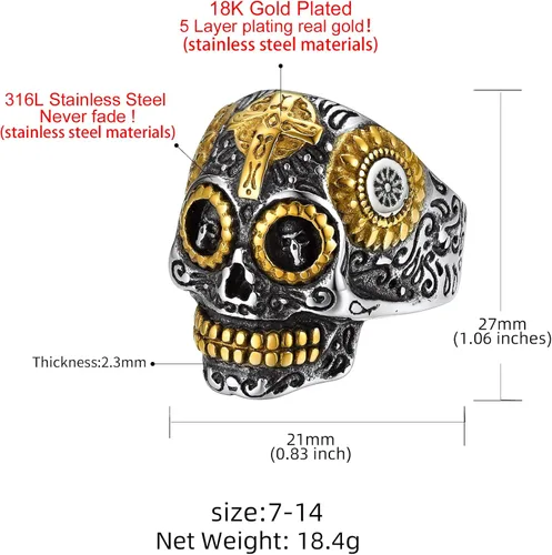 Miniatura 7 de Anillos de calavera de azúcar para hombres y mujeres, acero inoxidable de dos tonos, anillo de motociclista para hombre, joyería de Halloween
