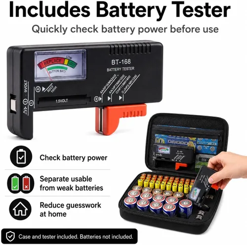 Miniatura 3 de Comecase - Caja de almacenamiento para batería dura, con estuche de transporte - Capacidad para 80 baterías AA AAA C D - con probador de batería