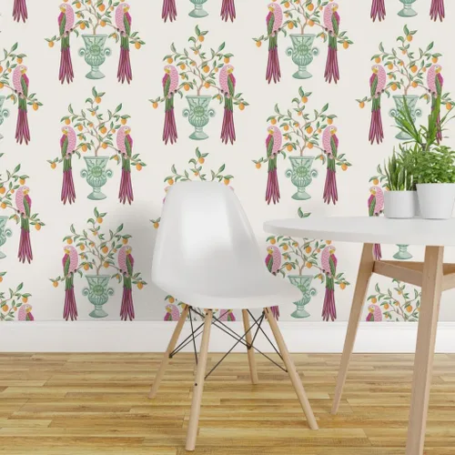 Miniatura 3 de Muestra de papel tapiz extraíble – Pájaros botánicos tropicales loro cítrico floral caprichoso vid hojas naranja limón italiano personalizado