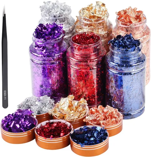 Copos de lámina dorada para resina, 6 botellas doradas de copos metálicos con pinzas para uñas, pintura, manualidades, limo (dorado, plateado,