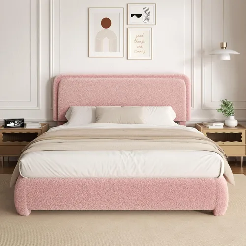 Miniatura 15 de Base de cama de tamaño Full con tapizado de bouclé, plataforma tapizada con cabecera, anticolisión con esquinas redondeadas suaves, no requiere