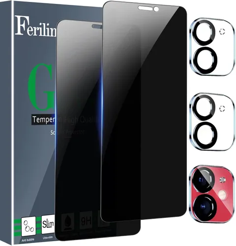 Ferilinso Paquete de 4 protectores de pantalla de privacidad para iPhone 11 con 2 protectores de lente de cámara, paquete de 2 películas de vidrio