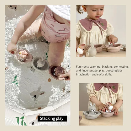 Miniatura 3 de Nueplay Juguetes de Bañera para Niños Pequeños de 18 Meses+, Juguetes de Baño para Bebés con Marionetas de Animales para Dedos, Barco y Tren 3Animals