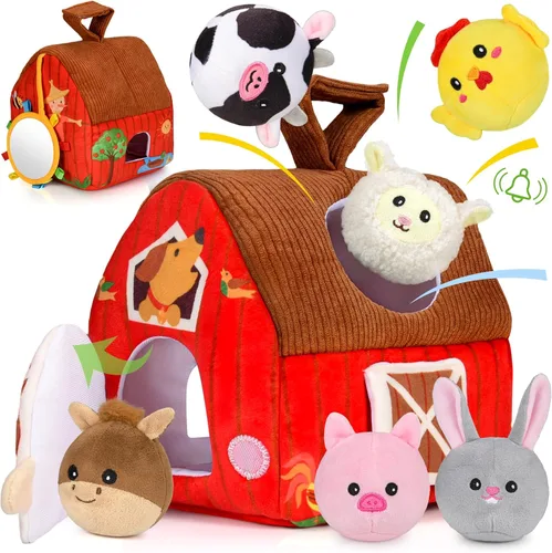 Juguetes para bebés de 6 a 12 meses: granero sorpresa de felpa con animales de granja de peluche, sonajero, papel arrugado, espejo, juguetes