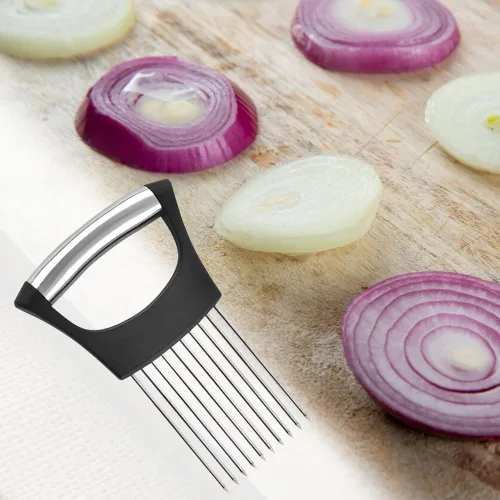 Miniatura 7 de Soporte de corte de cebolla de acero inoxidable, nuevo cortador de tomate 2025, cortador de verduras multiusos para la cocina, herramienta duradera