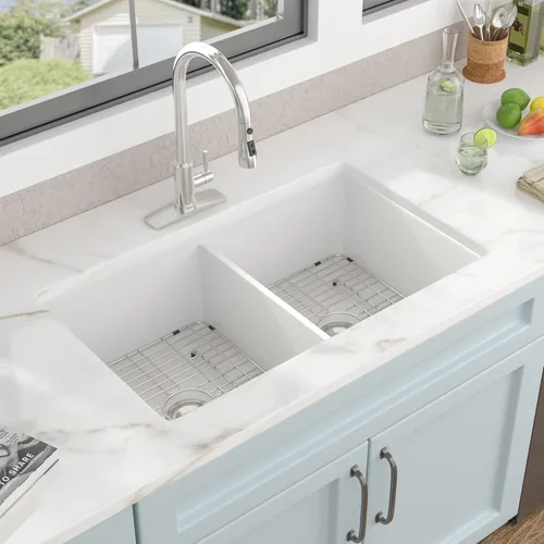 Fregadero de cocina blanco de 32 x 19 pulgadas, cuenco doble de arcilla refractaria de porcelana de cerámica blanca, doble montaje 50/50, montaje