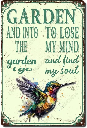 Miniatura 8 de LIUAXICIA Letreros divertidos de metal con texto en inglés "In The Garden to Lose My Mind and Find My Soul Bee Garden - Letreros de lata