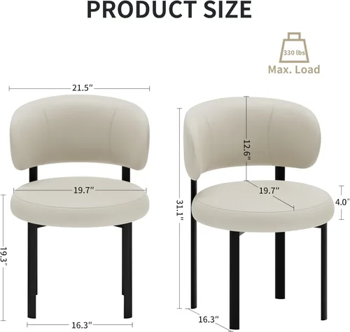 Miniatura 2 de Juego de 2 sillas de comedor beige de cuero con patas de metal, soporte de resorte y respaldo curvado, silla redonda de comedor de cocina