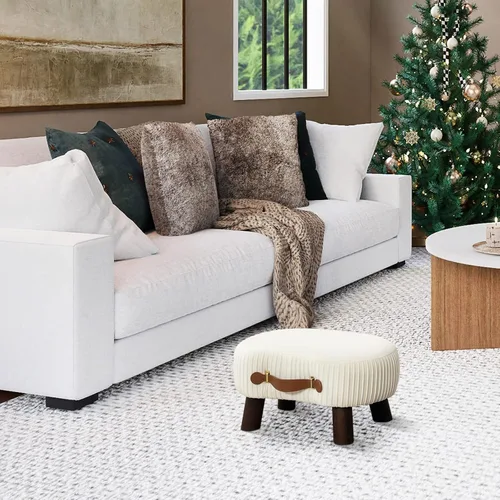 Miniatura 4 de LUE BONA Taburete pequeño curvado con asa, reposapiés de terciopelo beige y otomanos, moderno reposapiés con patas de madera, taburete con asiento
