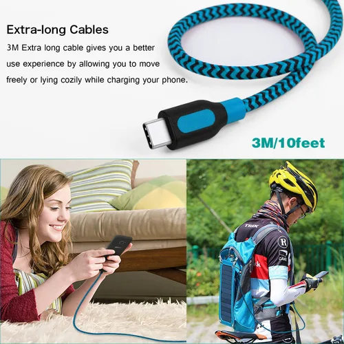 Miniatura 4 de Canjoy Cable USB tipo C, paquete de 3 cargadores trenzados tipo C de 10 pies, cable de carga rápida compatible con Samsung Galaxy S10 S10+ S10e S8