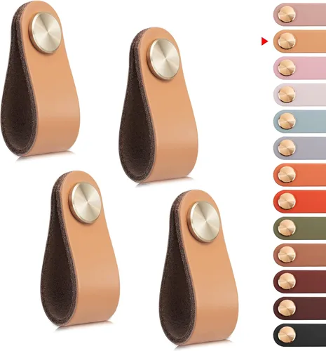 Miniatura 28 de Paquete de 4 tiradores de cuero para cajones, color beige, pomos de puerta de armario de 3.7 pulgadas, tiradores de piel sintética para tocador