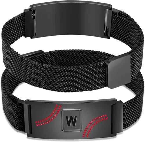 Miniatura 53 de Fervia Regalos de graduación de Pascua para hombres, pulsera con inicial de béisbol, color negro, plateado, dorado, acero inoxidable, pulseras