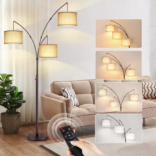 Miniatura 9 de OUTON Lámpara de pie LED de arco con control remoto, lámpara de pie alta arqueada regulable moderna de 3 luces en negro, lámparas de pie ajustables