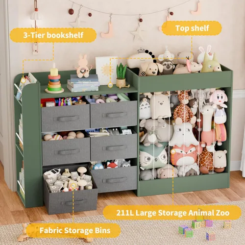 Miniatura 3 de Organizador de almacenamiento de juguetes de 61 pulgadas de ancho con 6 contenedores de almacenamiento, estantería de 3 niveles para niños y soporte