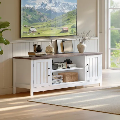 Miniatura 10 de ChooChoo Soporte de TV estilo granja, centro de entretenimiento de madera con puerta acanalada con gabinetes de almacenamiento y estantes abiertos