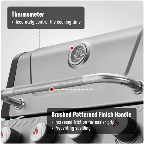 Miniatura 9 de Feasto Parrilla de gas con quemadores 4+1 totalmente de acero inoxidable, parrilla de propano para exteriores con cuerpo de cámara recubierto