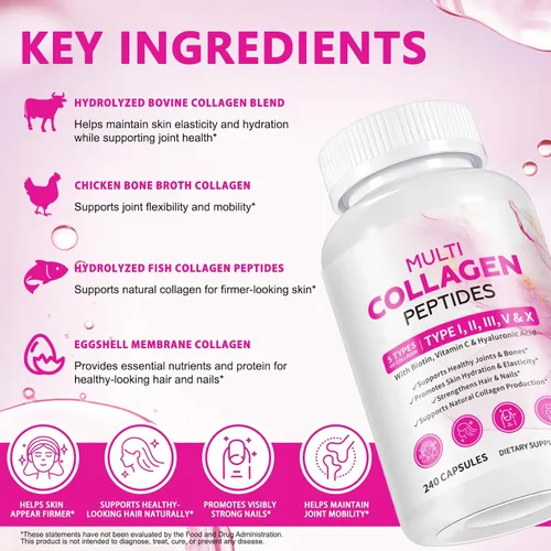 Miniatura 4 de Cápsulas de colágeno con péptidos de colágeno hidrolizados multitipo, biotina, vitamina C y ácido hialurónico - Apoya la suavidad de la piel