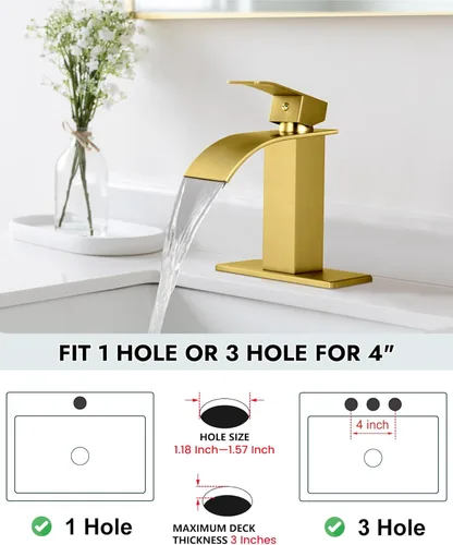 Miniatura 4 de Midanya - Grifo de baño con boquilla de cascada, de un agujero o tres agujeros para montaje en cubierta, grifo de lavabo de acero inoxidable 304