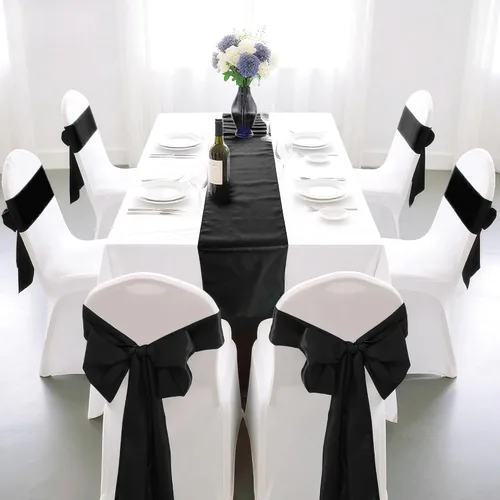Miniatura 5 de Paquete de 12 caminos de mesa de satén de 12 x 108 pulgadas de largo para Navidad, fiestas de cumpleaños, banquetes, graduaciones, compromisos Negro
