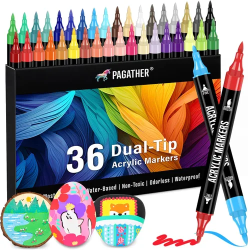 Miniatura 13 de Pagather Marcadores de pintura acrílica en blanco y negro, paquete de 12 marcadores de doble punta con punta fina y punta de pincel para piedra, 12