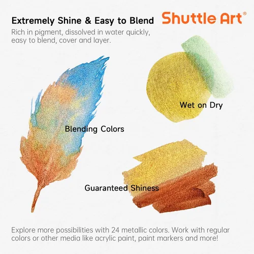 Miniatura 8 de Shuttle Art - Pinturas de acuarela metálicas, 24 colores de pintura de acuarela con purpurina en medias sartenes con pincel de agua, almohadilla