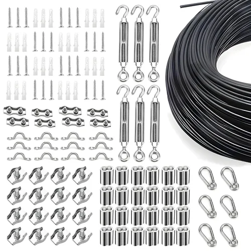 Miniatura 29 de Kit de suspensión de luces de cuerda de globo, cable guía de luz para exteriores, cable de acero inoxidable recubierto de vinilo, incluye 50 pies