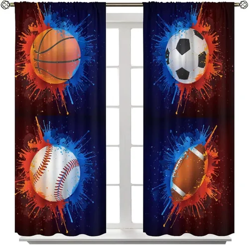 Miniatura 8 de Cortinas deportivas de baloncesto para niños, patrón de llama de bola 3D naranja, 42 pulgadas de ancho x 45 pulgadas de largo
