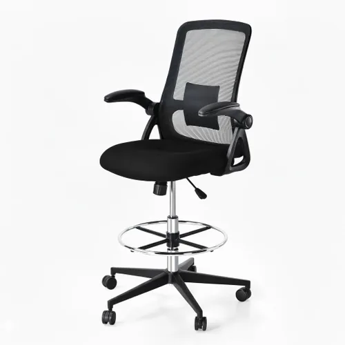 Miniatura 11 de Silla de dibujo, silla de oficina alta con soporte lumbar, silla de oficina alta con reposabrazos abatibles, silla de escritorio de pie con anillo