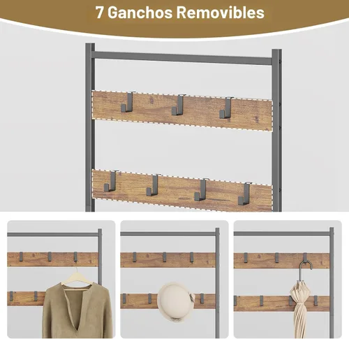 Miniatura 4 de Perchero de pasillo con almacenamiento de zapatos, banco de almacenamiento de árbol de entrada, muebles decorativos de aspecto de madera con marco