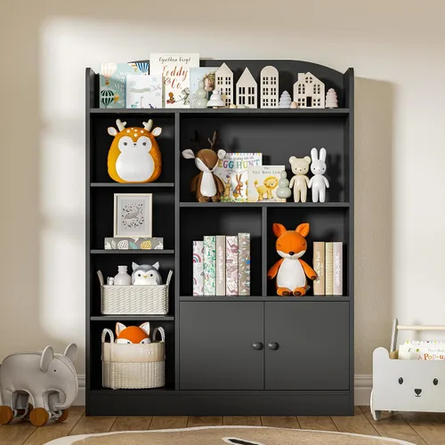 Miniatura 3 de DIYART Estantería negra para niños, estantería para niños con 7 cubos y 2 gabinetes, estantes independientes de almacenamiento para dormitorio, sala