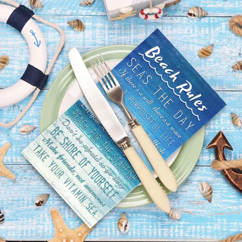 Miniatura 6 de AnyDesign Paquete de 100 servilletas de papel desechables con reglas de playa para verano, servilletas de papel desechables con palabras de mar