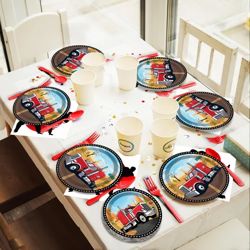 Miniatura 7 de gisgfim Juego de decoración para fiesta de 50 invitados con temática de camión semi, platos y servilletas para fiesta con temática de camión semi